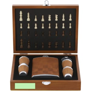 A drink bottle set featuring a stainless steel hip flask with a wooden design and matching wooden cups, enclosed in a brown case.