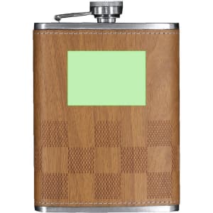 A drink bottle featuring a brown wood-like exterior with a silver cap and a blank area on the front.