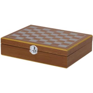 A wooden chess set box with a checkered top and a metal clasp. The box is brown with a light and dark checker pattern.