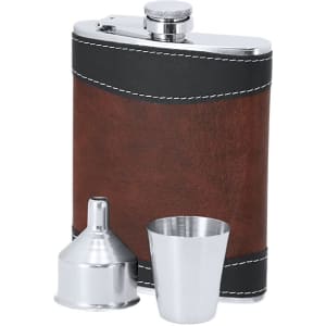 A drink bottle set featuring a stainless steel hip flask with a brown leather cover, a funnel, and a shot glass.