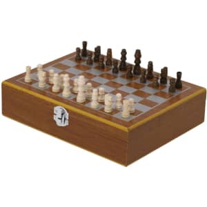 A wooden chess set featuring light and dark pieces on a checked board, housed in a box with a metal clasp.