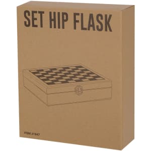 A drink bottle presented in a brown box with a checkerboard design, featuring a logo on the packaging.