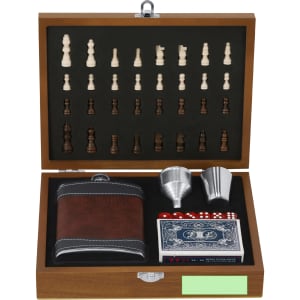 A drink bottle and accessories in a wooden box, featuring a brown hip flask, shot cups, playing cards, and dice.