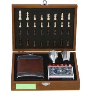 A drink flask set in a wooden box, featuring a brown flask, silver cups, dice, and a deck of cards.