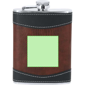 A brown and black hip flask with a stainless steel top and a decorative stitched leather design. It has a blank space for personalisation.