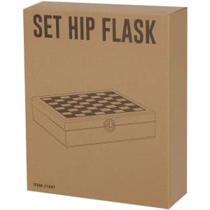 A drink bottle in a brown cardboard box, featuring a checkered design and a logo on the front.