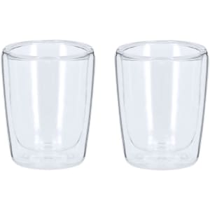 A set of two clear glass cups with a sleek, modern design. The glassware has a smooth finish and rounded edges.