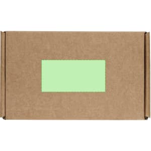 A cardboard box with a green label. The box is plain brown and rectangular in shape.