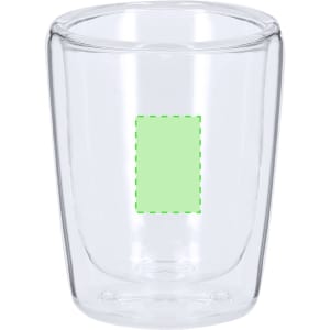 A glass cup featuring a double-walled design, clear in colour, suitable for various beverages.