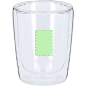 A clear glass cup featuring a simple design and a subtle branding logo.