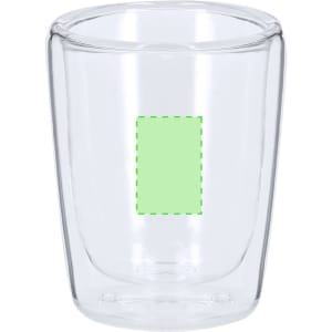 A transparent glass cup with a double-walled design and a green placeholder. It features a logo on the surface.