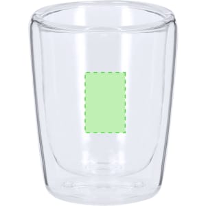 A clear glass cup with a rounded body and a small base, featuring a branding area.