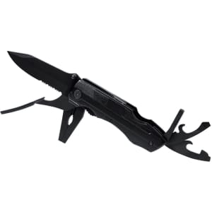 A black multifunction pocket knife with a foldable blade and various tools extending from the handle.