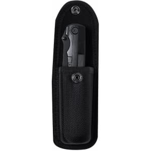 A black multifunction pocket knife in a black sheath, featuring a logo on the sheath.
