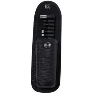 A black multifunction pocket knife with a textured case and multiple tool heads in a compact design.