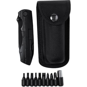 A multifunction pocket knife in black, featuring various interchangeable tool bits and a compact carrying case.