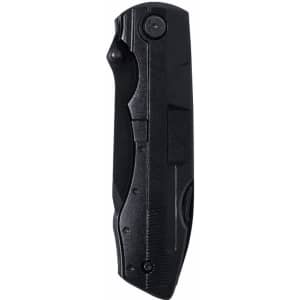 A black multifunction pocket knife with various tools and a logo on the side, designed for portability.