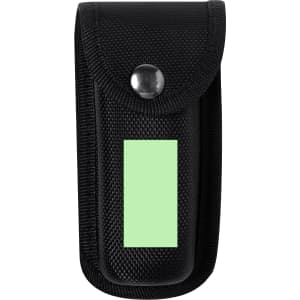 A black multifunction pocket knife holster with a snap closure and a blank area for branding.