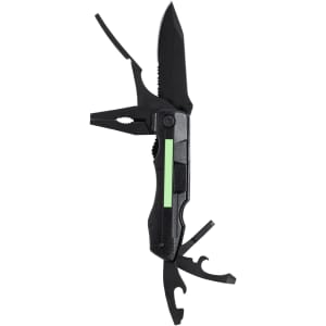 A multifunction pocket knife in black with green accents, featuring various tools including a knife blade and bottle opener.