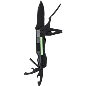 A black multifunction pocket knife featuring various tools, including a blade and pliers, with a green accent.