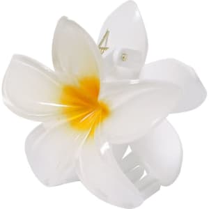 A white hair clip in the shape of a flower with a yellow centre. It features a simple clasp mechanism and has a glossy finish.