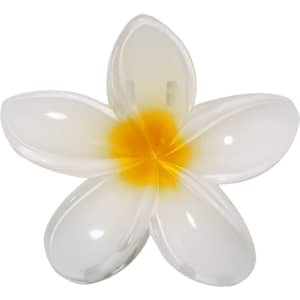 A white and yellow floral hair clip with a glossy finish, featuring five petal-like shapes. It has a logo on the back.