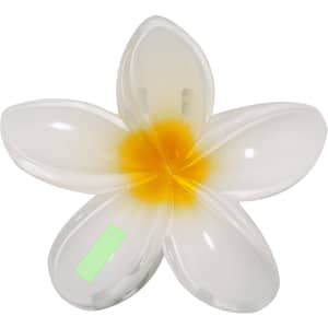 A white and yellow flower-shaped hair clip with a glossy finish and a branding logo.