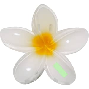 A decorative hair clip shaped like a white flower with a yellow centre, featuring a glossy finish.