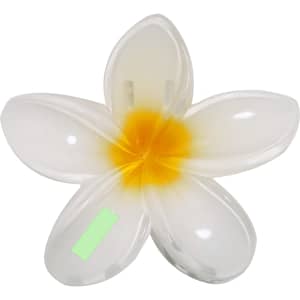 A white and yellow flower-shaped hair clip with a glossy finish. It has a branding logo on the back.