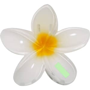 A flower-shaped hair clip in white with a yellow centre, featuring a glossy finish and a brand logo.