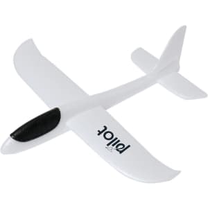 A white toy airplane with a black nose and a logo. Ideal for outdoor play and flying fun.