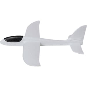 A white aircraft-shaped toy with a black cockpit, designed for fun and games. It features a logo on the side.