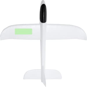 A white aircraft toy featuring a streamlined design and a black nose, with a small logo on the body.