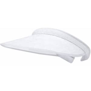A white visor with a textured band and a wide brim, featuring a logo.