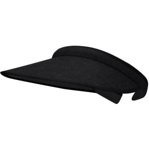 A black sun visor with a wide brim and a textured fabric finish. It features a logo on the strap.