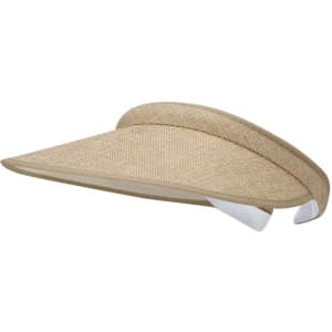 A beige fabric visor with a wide brim and a soft inner band. It features a logo on the side.