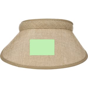 A tan sun visor with a wide brim and a blank green patch for potential branding.