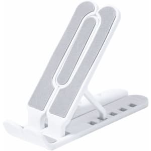 A white phone stand with a textured grey surface for grip, featuring adjustable angles and a sturdy base.