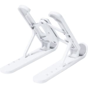 A white adjustable phone stand with a sleek design, featuring a simple mechanism for positioning.