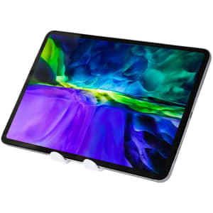 A tablet displaying a vibrant abstract design with green, blue, and purple hues, featuring a sleek stand.