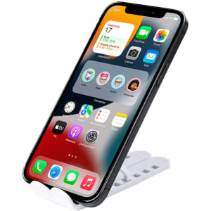 A white phone stand with an upright smartphone displaying an app screen. The design is sleek and modern.