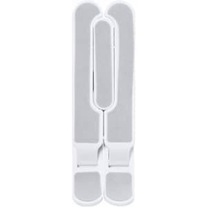 A white phone stand with a soft grey surface, featuring a simple design and a branding logo.