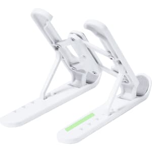 A white phone stand with adjustable angles and a padded base, featuring a small logo.