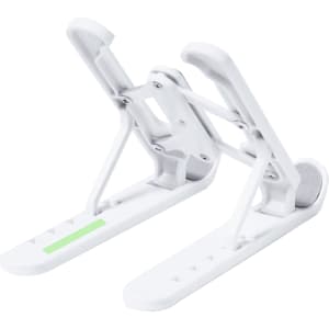 A white phone stand with adjustable arms featuring a small green accent. It has a branding logo on its surface.