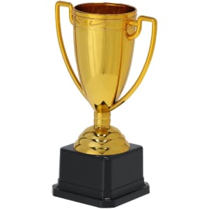 A gold trophy with a decorative design, mounted on a black square base. It features two handles on the sides.