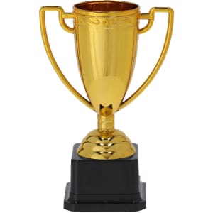 A gold trophy with a classic cup design mounted on a black base, featuring decorative handles.