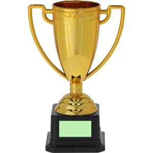 A gold trophy with a classic cup shape, featuring handles and a black base for personalization.