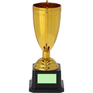 A shiny gold trophy on a black base, featuring a smooth, elegant design with a blank plaque.