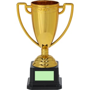 A gold trophy with two handles on a black base, featuring a place for engraving.