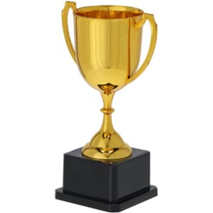 A gold trophy with handles sits on a black base, reflecting light and showcasing its polished surface.